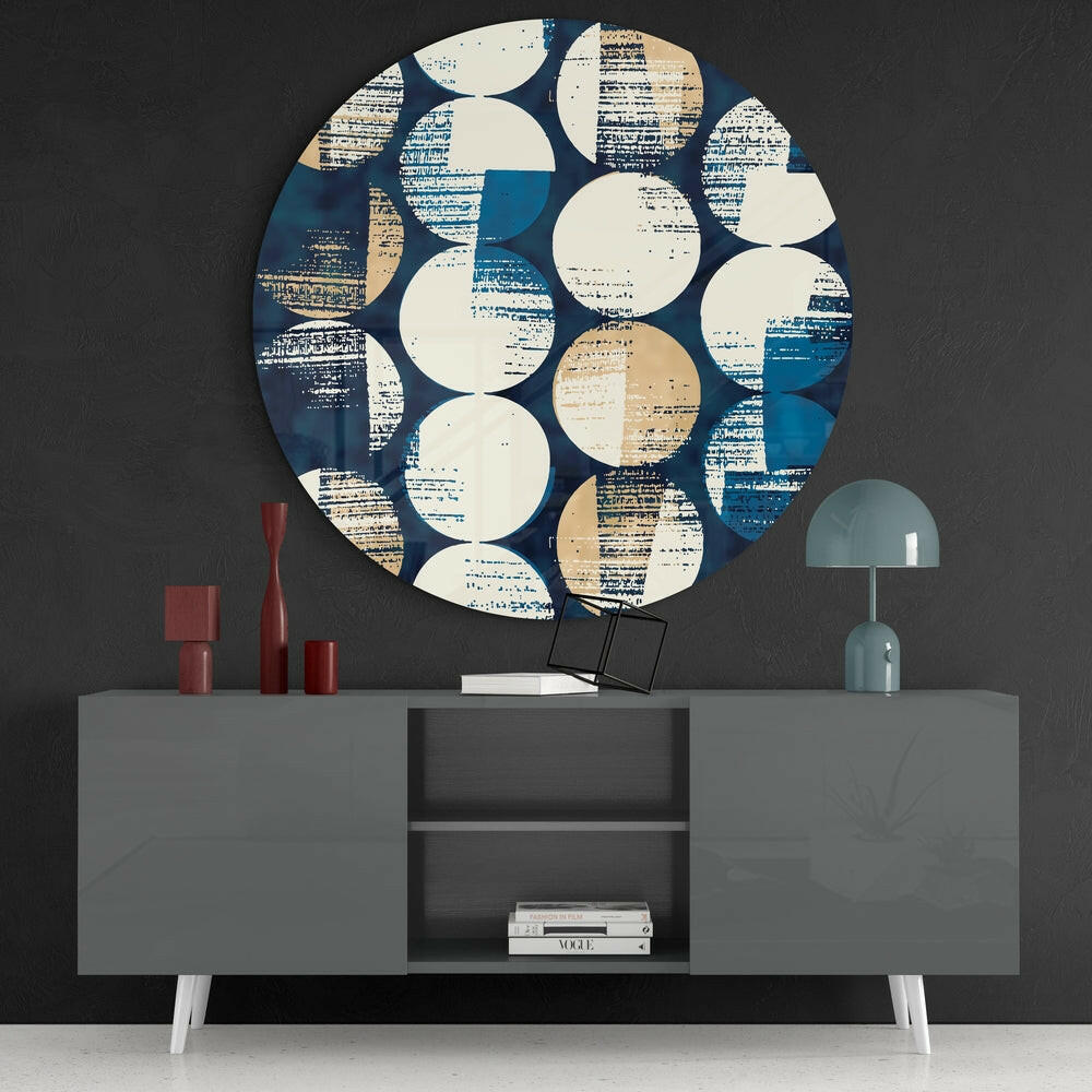 Round Distressed Blue Dots Collage Glass Wall Art