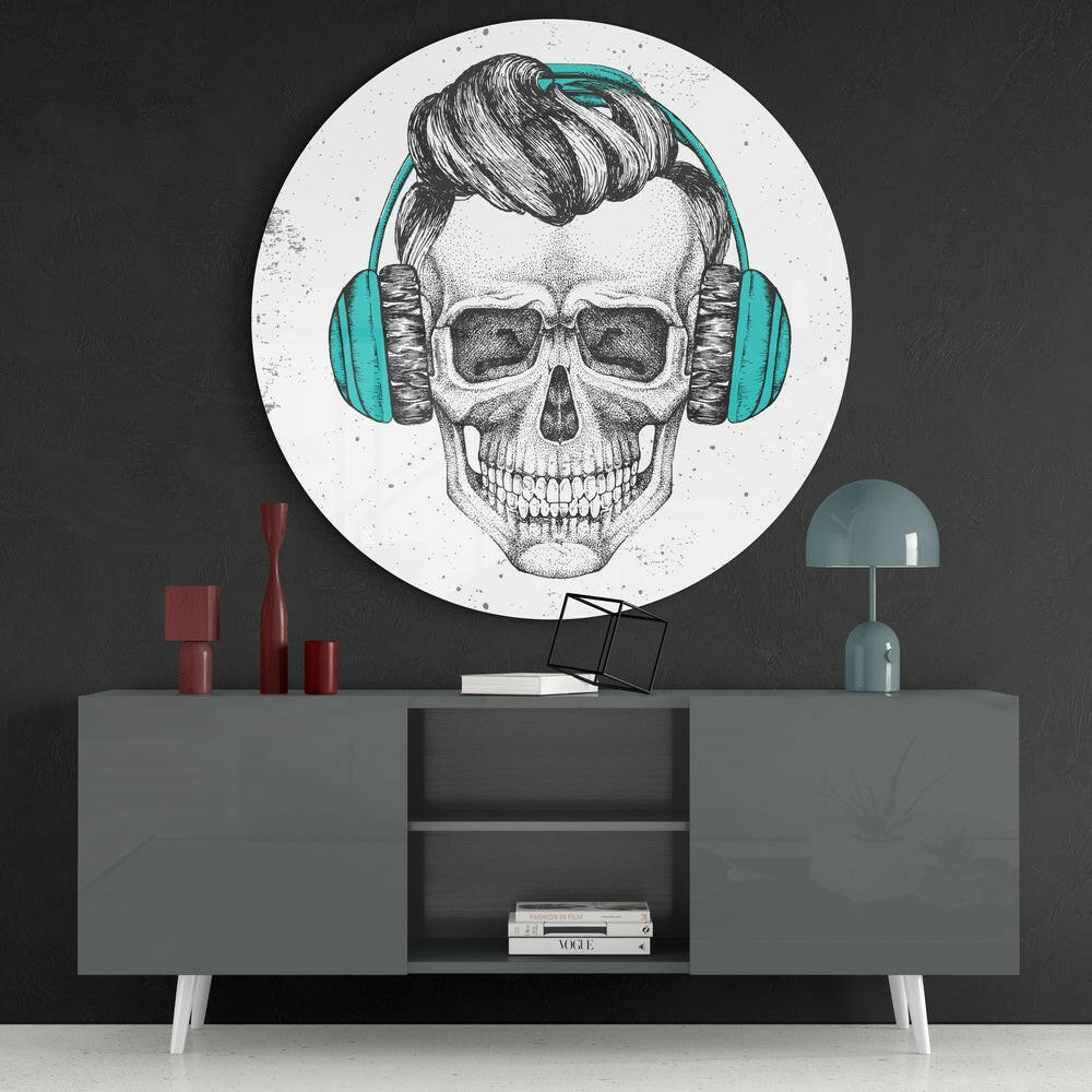 Teal Headphones Hipster Skull Glass Wall Art