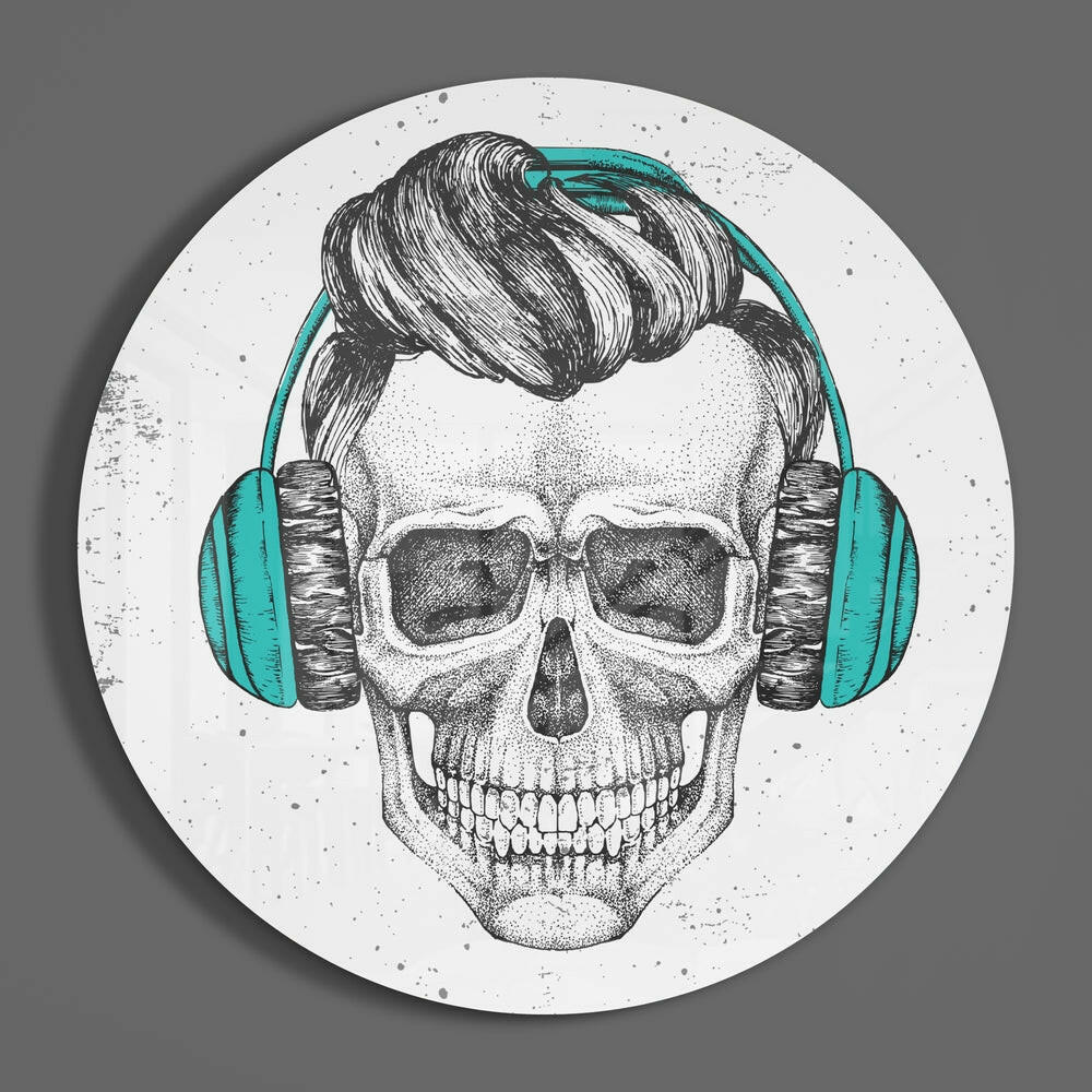 Teal Headphones Hipster Skull Glass Wall Art