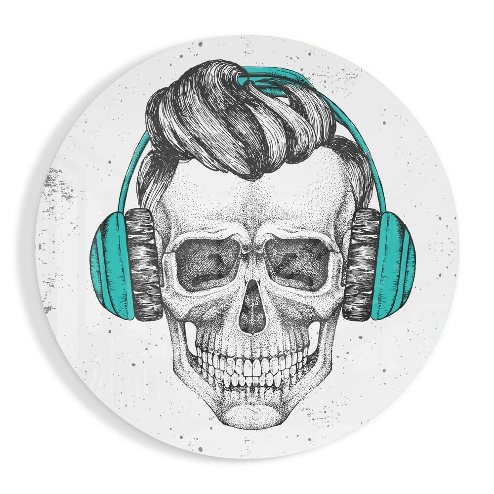 Teal Headphones Hipster Skull Glass Wall Art
