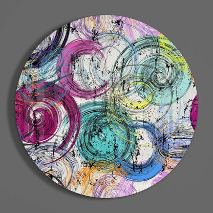 Pink and Teal Swirling Ink Circles Glass Wall Art