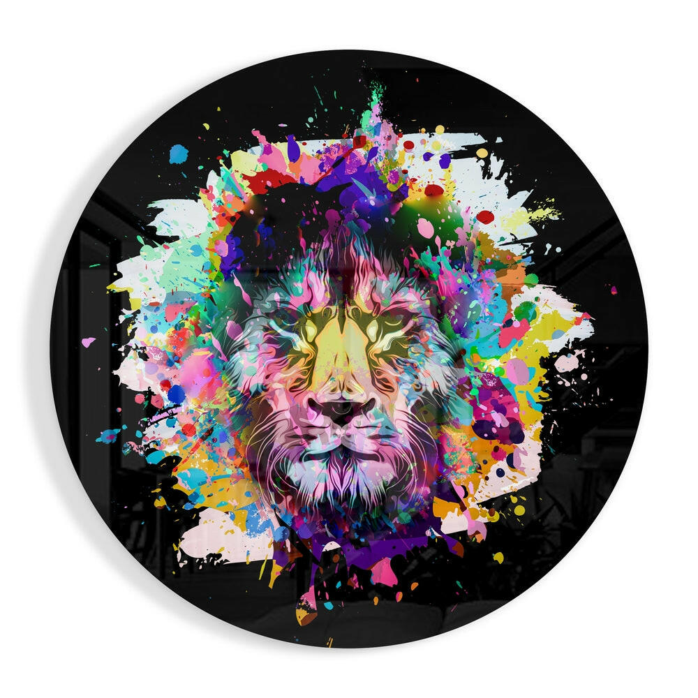 Colorful Splash Lion Round Glass Wall Art
