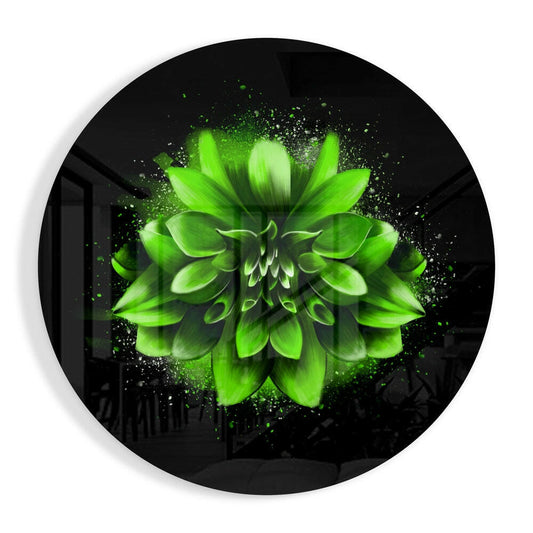 Vibrant neon green dahlia flower with particle splatter effect centered on black circular glass wall art.