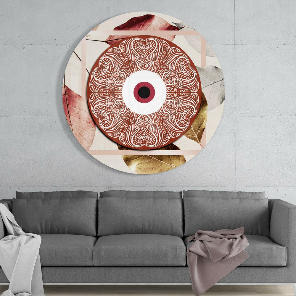 Terracotta Ornate Eye Disc on Leaves Glass Wall Art