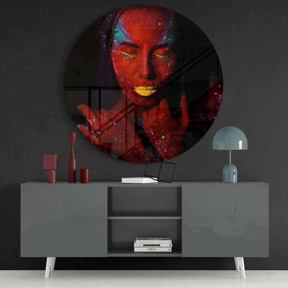 Red Neon Glow Face Glass Wall Art