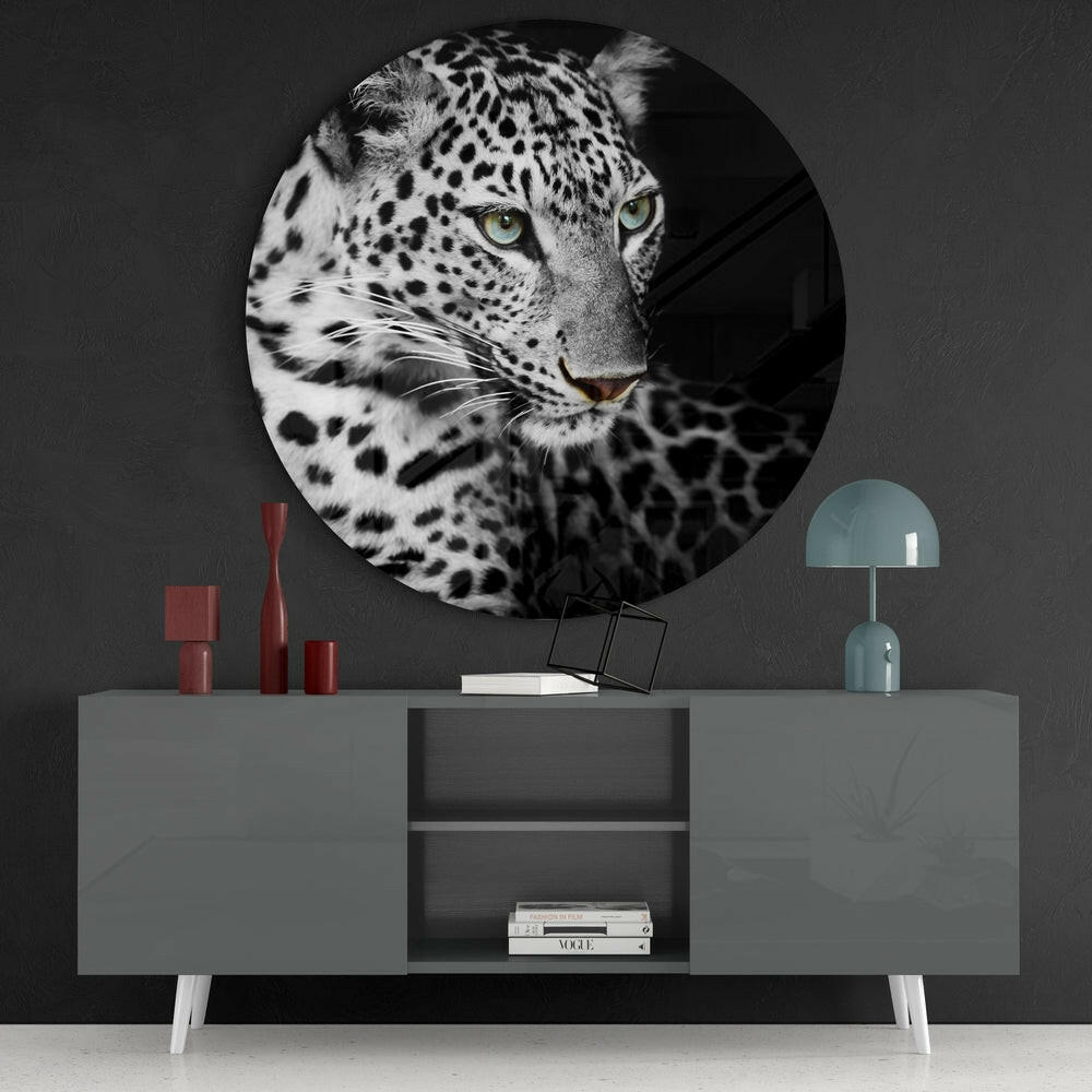 Green Eyed Leopard Circle Glass Wall Art