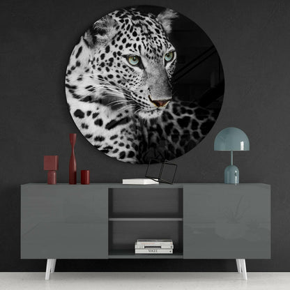 Green Eyed Leopard Circle Glass Wall Art