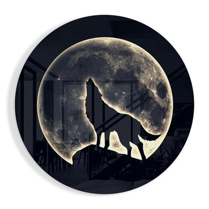 Howling Wolf Moon Circle Glass Wall Art
