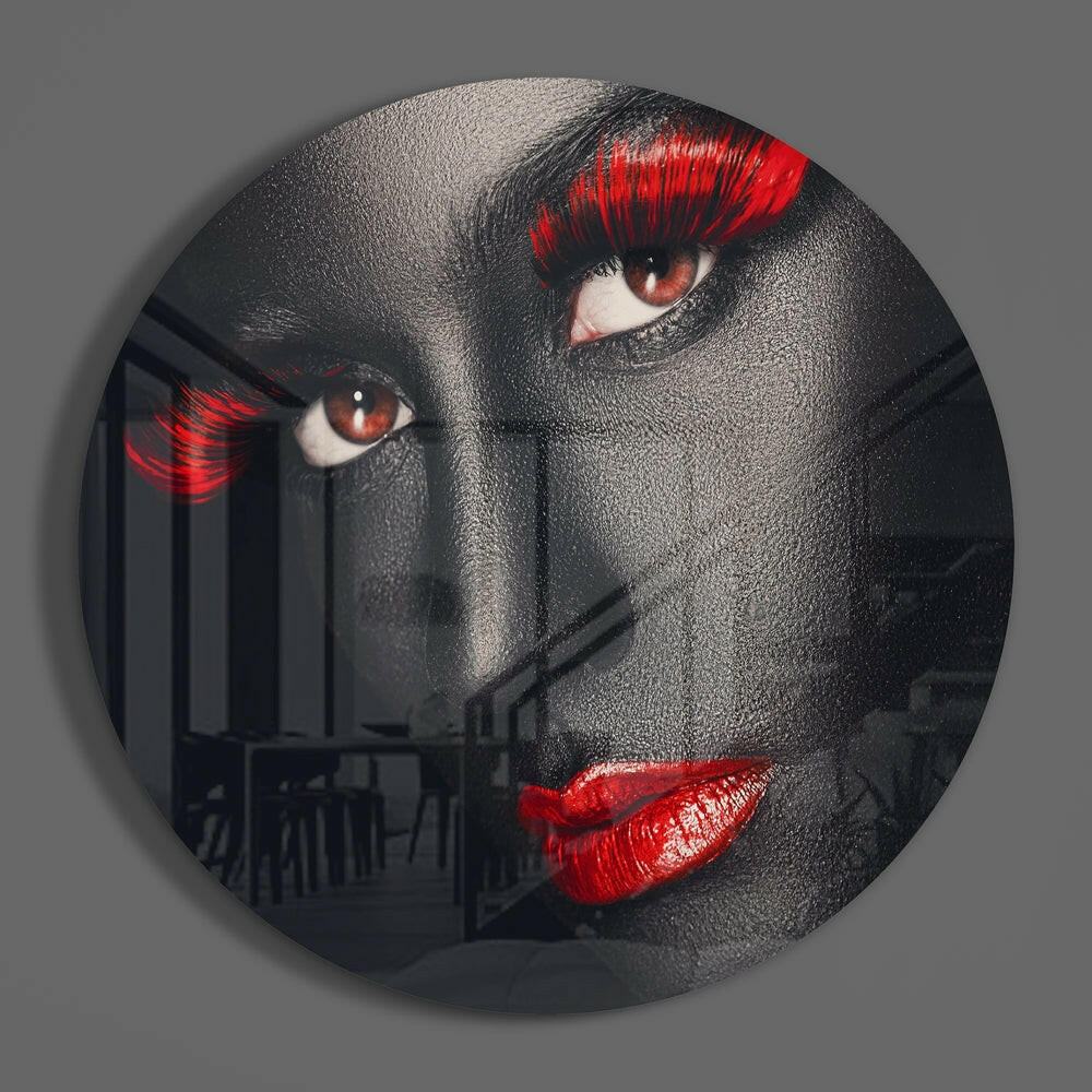 Red Lashes and Lips Gray Face Glass Wall Art