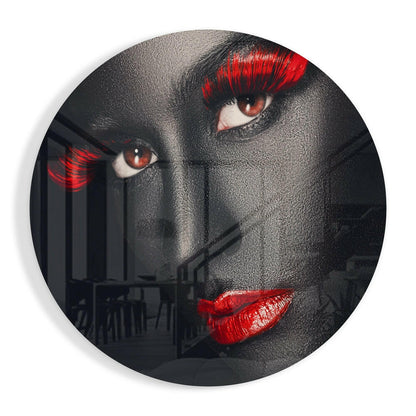 Red Lashes and Lips Gray Face Glass Wall Art