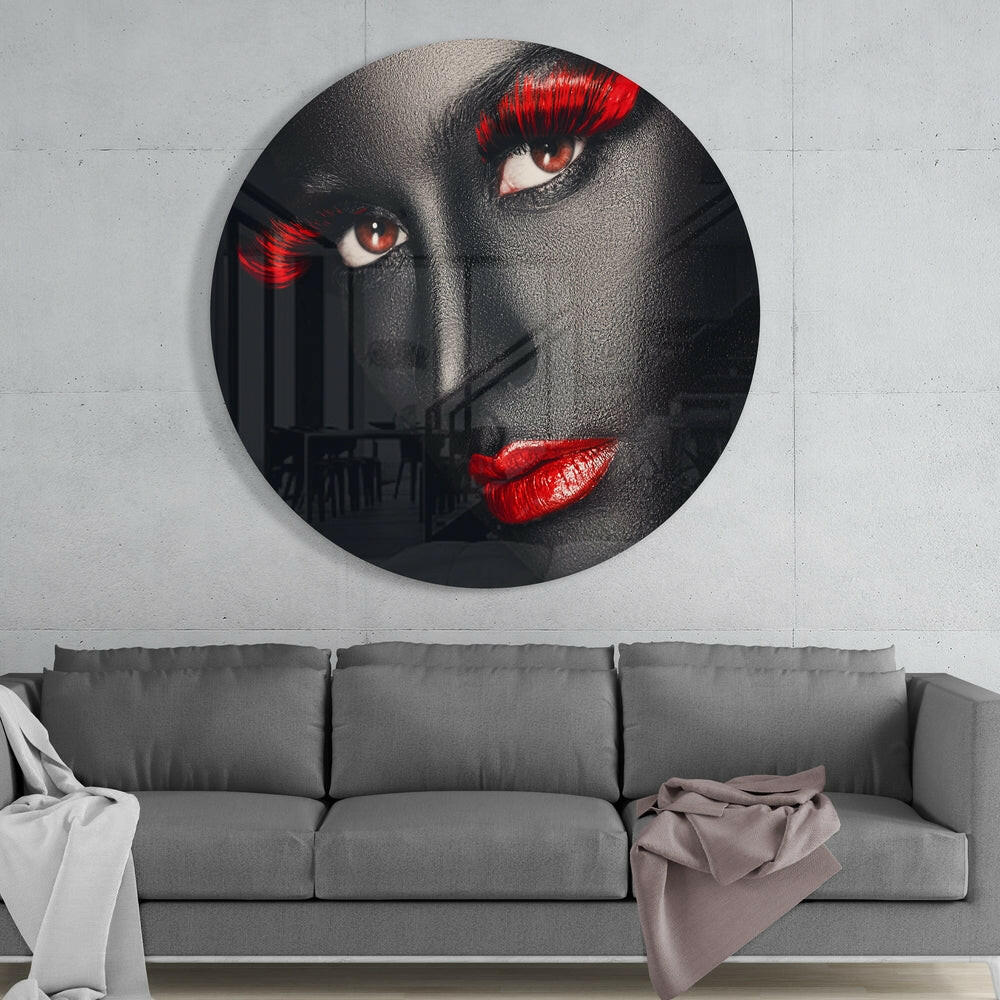 Red Lashes and Lips Gray Face Glass Wall Art