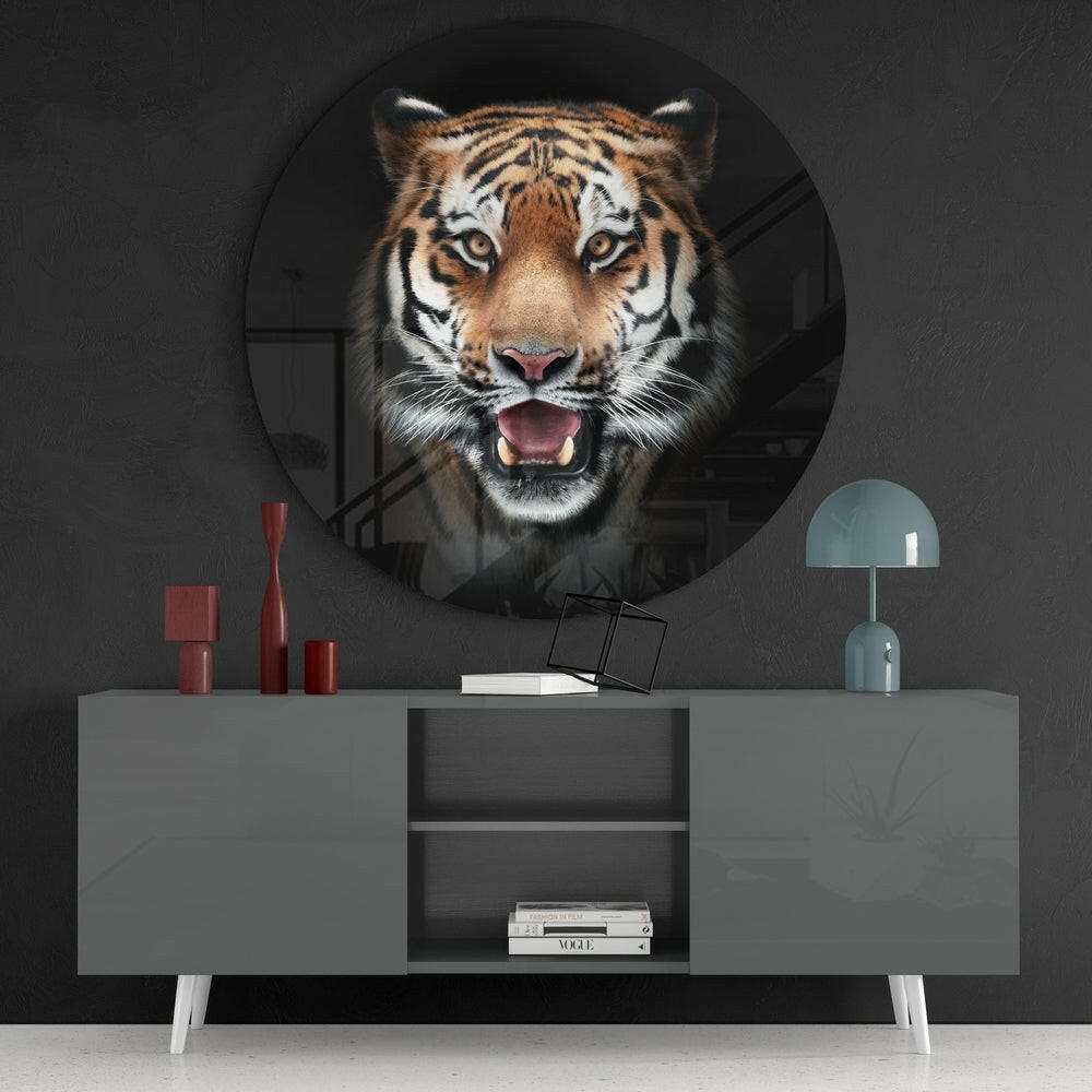 Fierce Amber Roaring Tiger Glass Wall Art