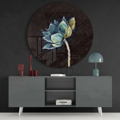 Painted Teal Lotus Glass Wall Art