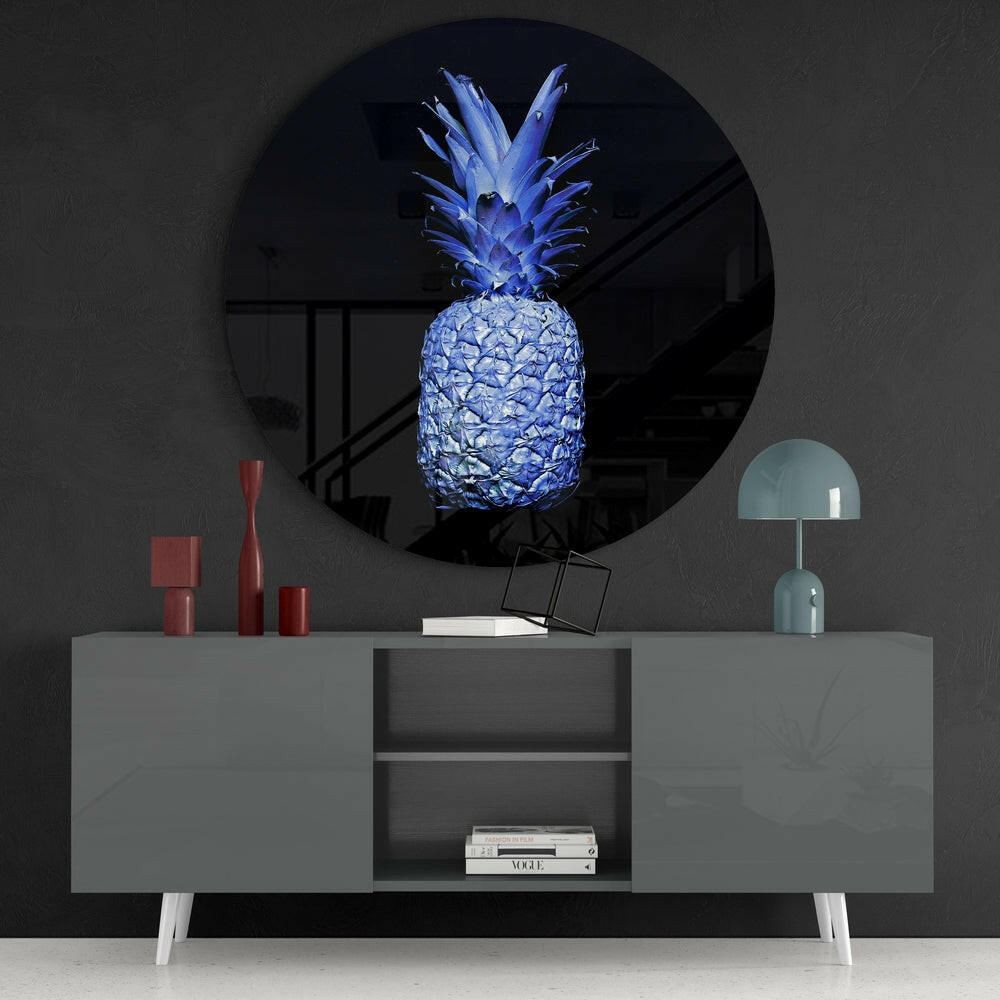 Electric Blue Round Pineapple Glass Wall Art