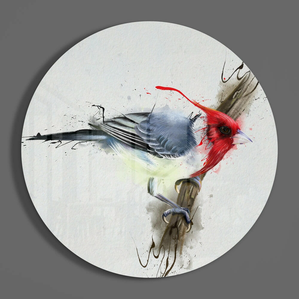 Red Crested Bird Watercolor Splatter Glass Wall Art