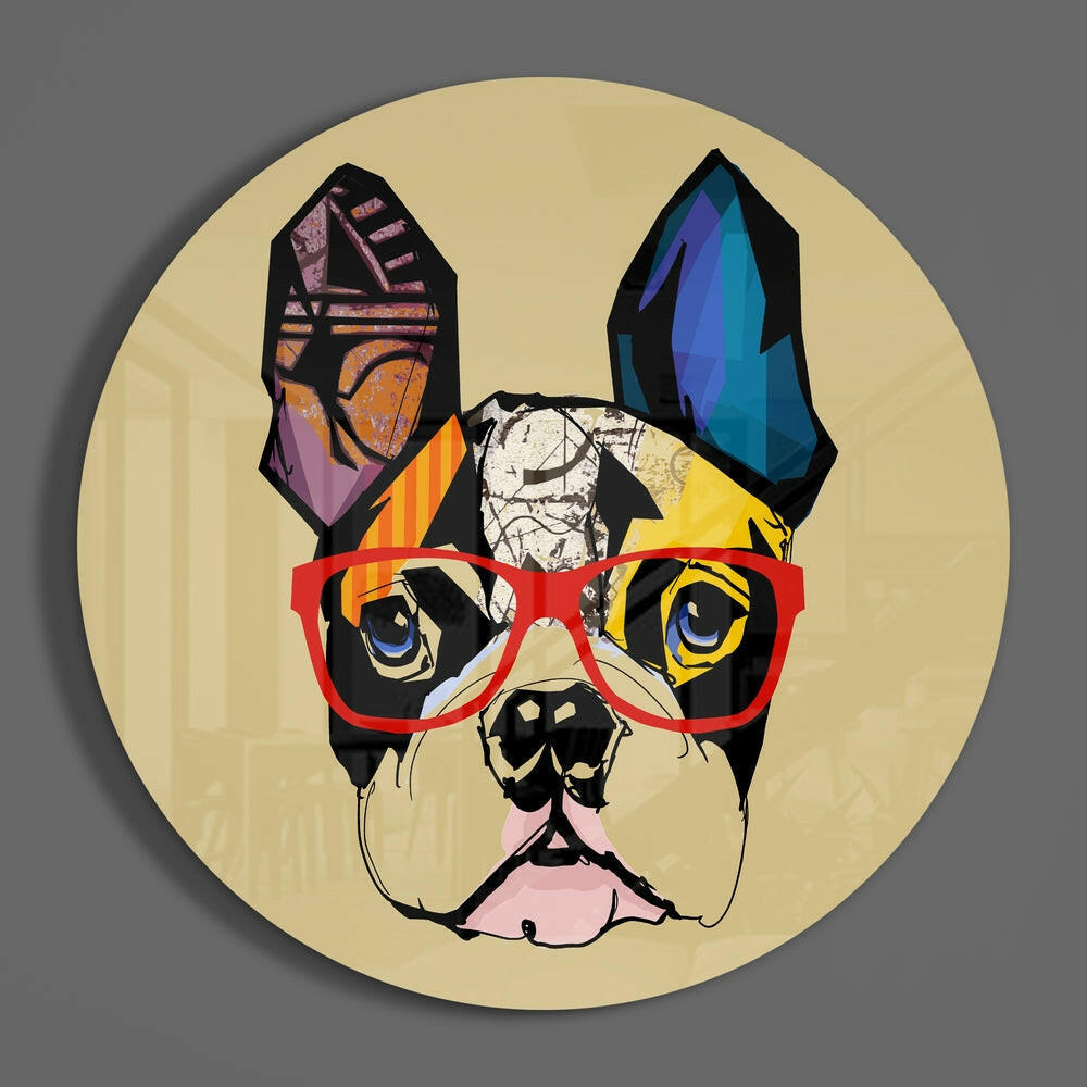 Pop Art Bulldog Red Glasses Glass Wall Art
