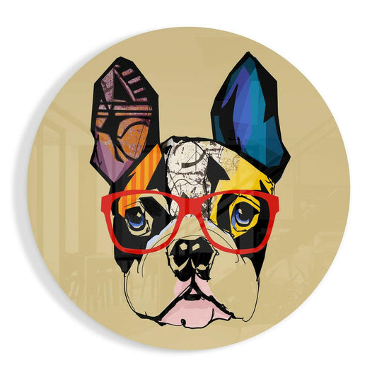 Pop art bulldog head with colorful geometric ears and red-framed glasses on tan circular glass wall art.