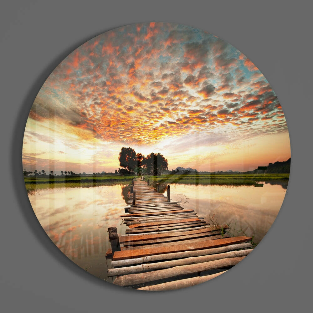 Rustic Log Bridge Rice Paddy Glass Wall Art