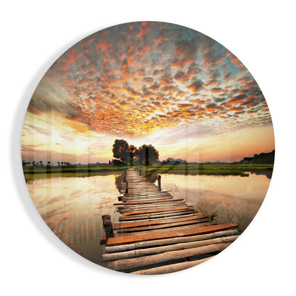 Rustic Log Bridge Rice Paddy Glass Wall Art