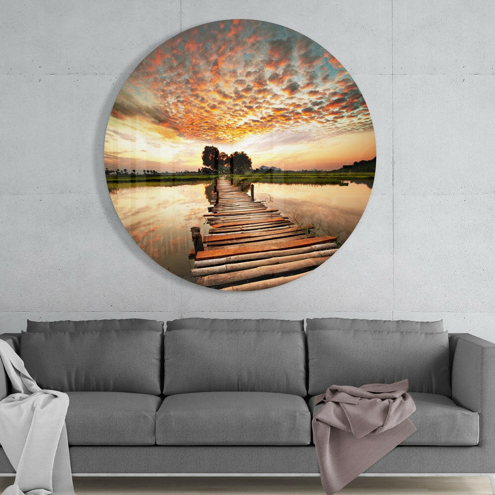 Rustic Log Bridge Rice Paddy Glass Wall Art
