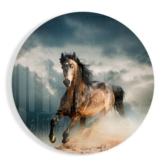 Bay horse with black mane galloping through dust cloud against stormy sky and distant cityscape, circular glass artwork.