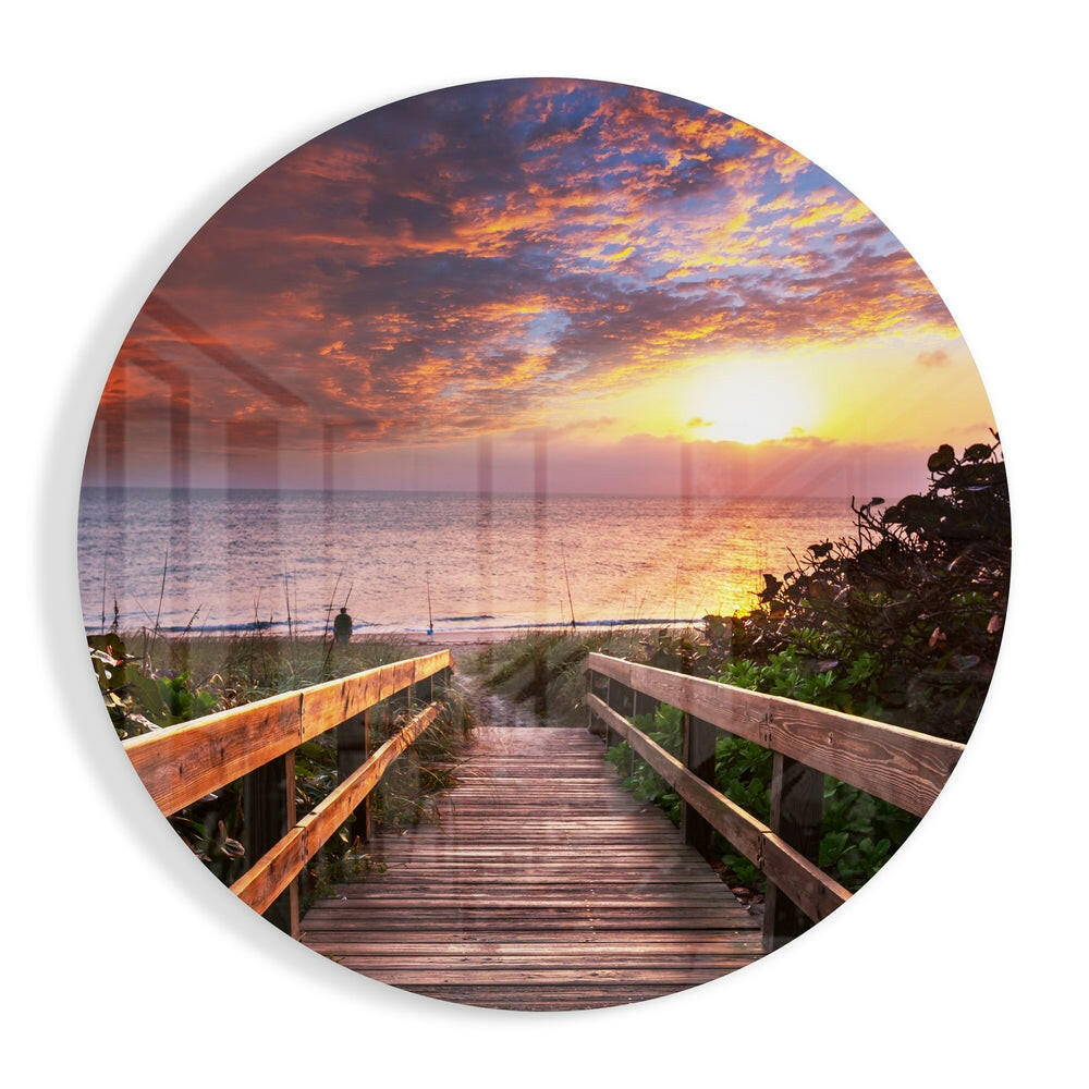 Boardwalk Beach Sunset Round Glass Wall Art