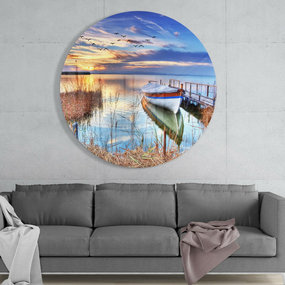 Sunset Lake Boat And Birds Glass Wall Art