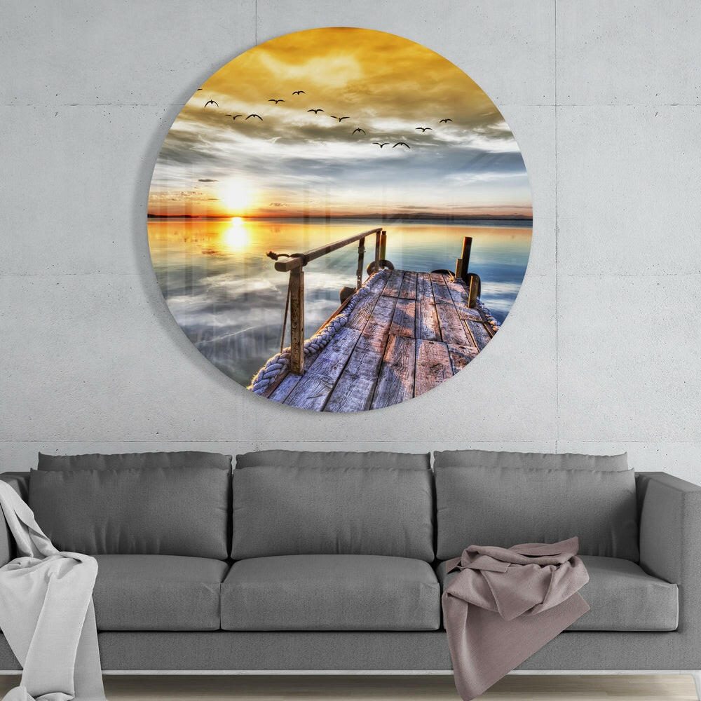 Golden Sunset Birds Dock Corner Glass Wall Art