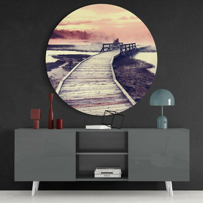 Misty Pink Boardwalk Wetland Glass Wall Art
