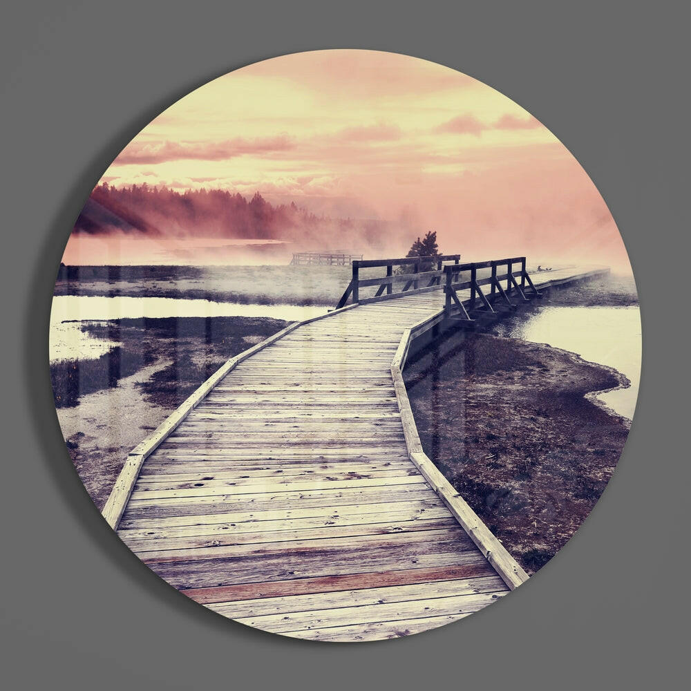 Misty Pink Boardwalk Wetland Glass Wall Art