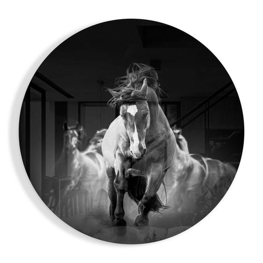 Monochromatic glass wall art featuring a charging horse with flowing mane and white blaze, viewed head-on in a circular frame.