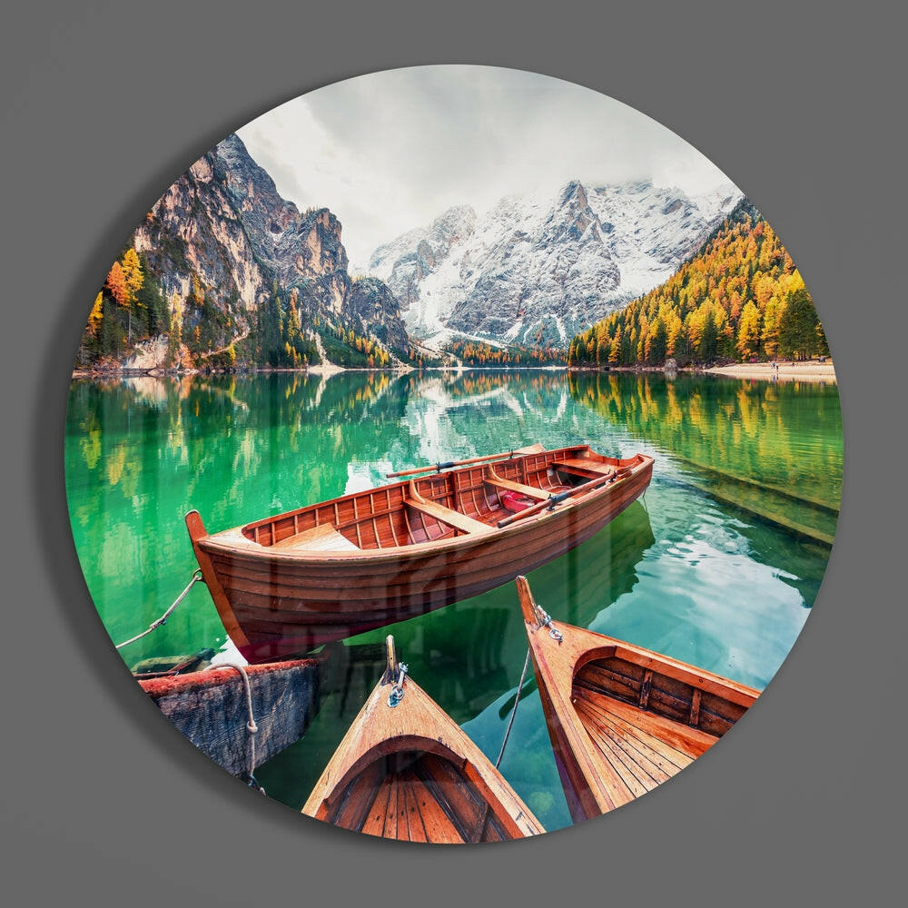 Wooden Boats Emerald Alpine Lake Glass Wall Art