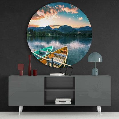 Teal Rowboats Mountain Dusk Glass Wall Art