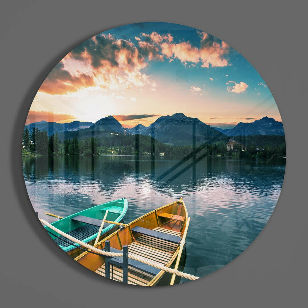 Teal Rowboats Mountain Dusk Glass Wall Art