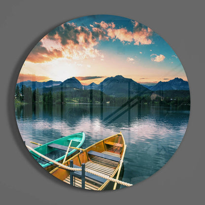 Teal Rowboats Mountain Dusk Glass Wall Art