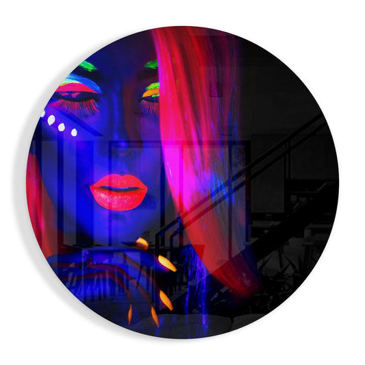 Circular glass wall art featuring a neon-lit woman's face with vibrant blue, pink, and red glowing colors, overlaid with an architectural interior scene.
