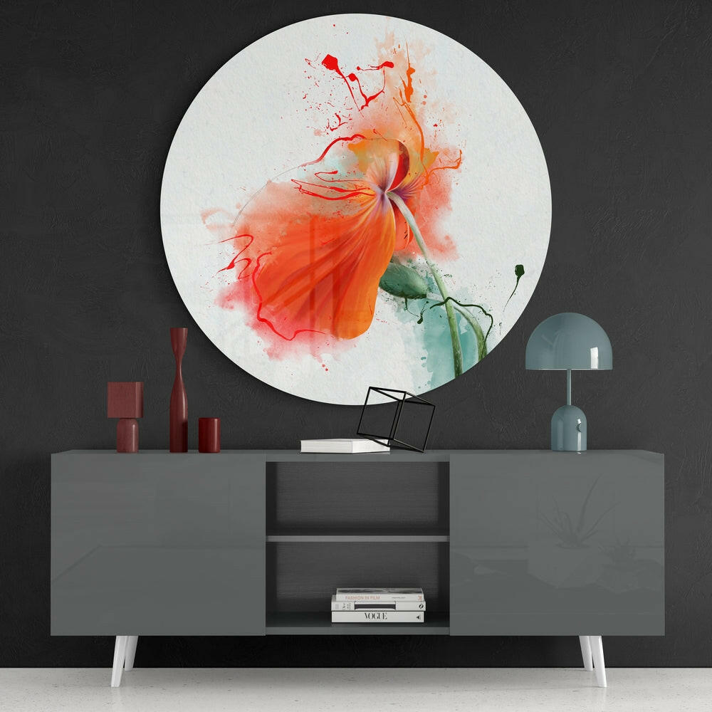 Round Orange Poppy Paint Splash Glass Wall Art