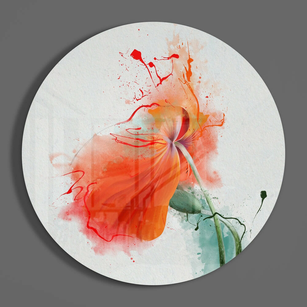 Round Orange Poppy Paint Splash Glass Wall Art