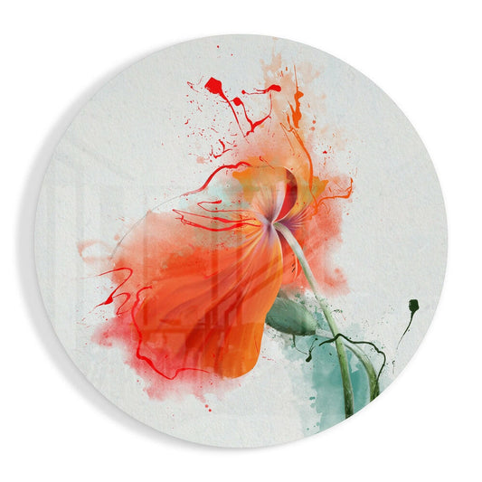 Circular glass wall art featuring a red and orange poppy flower with watercolor splashes on white background, shown against plain surface.