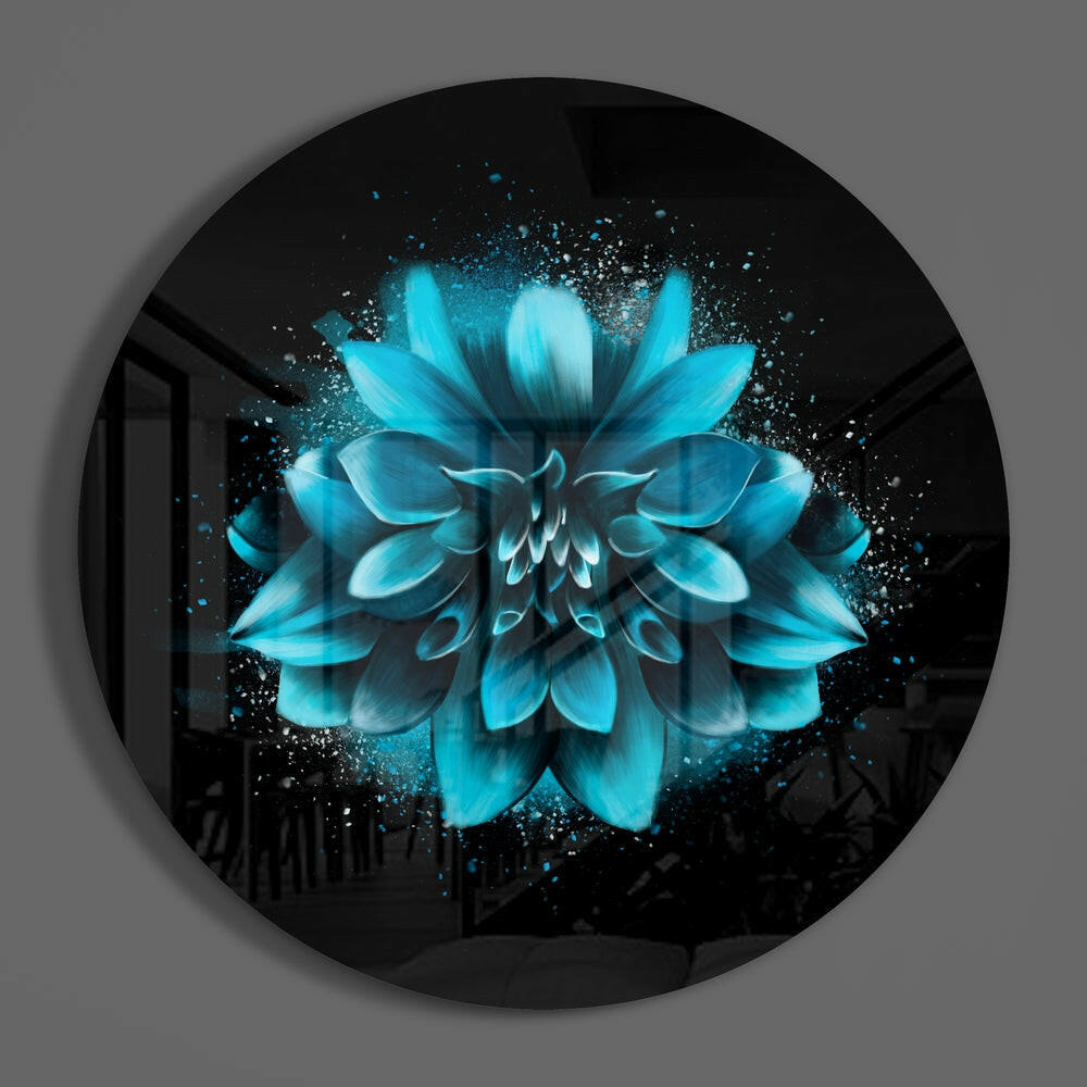 Turquoise Glowing Dahlia Glass Wall Art