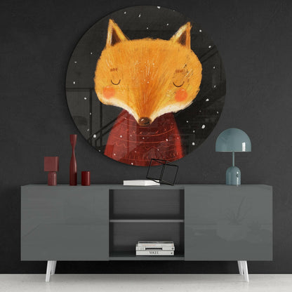Sleepy Fox in Red Sweater Snowy Night Glass Wall Art