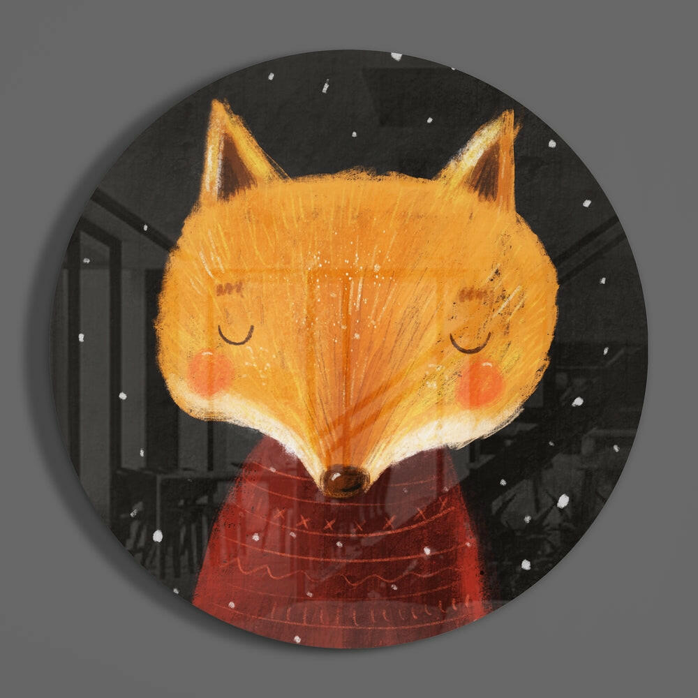 Sleepy Fox in Red Sweater Snowy Night Glass Wall Art