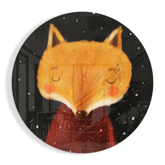Hand-painted glass wall art featuring a smiling orange fox in a burgundy sweater against a dark starry night background.