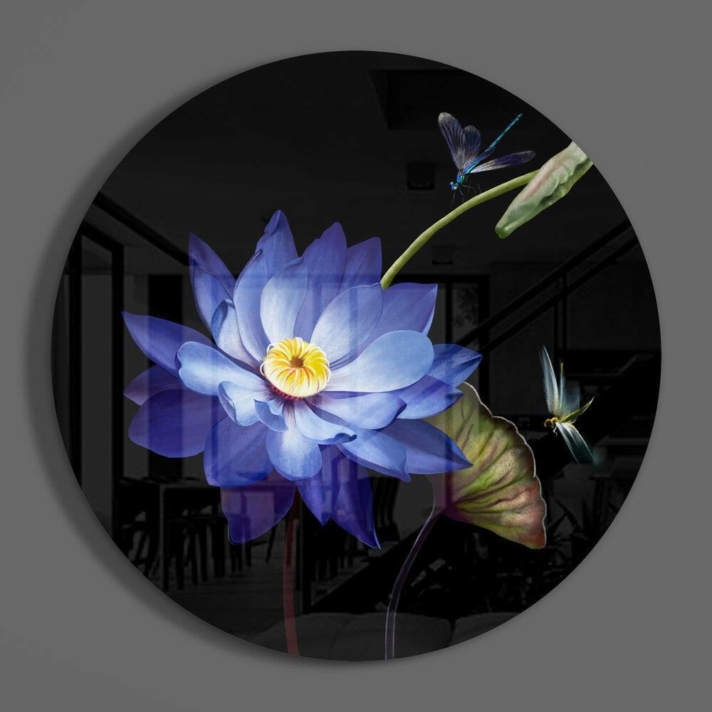 Blue Water Lily Dragonfly Glass Wall Art