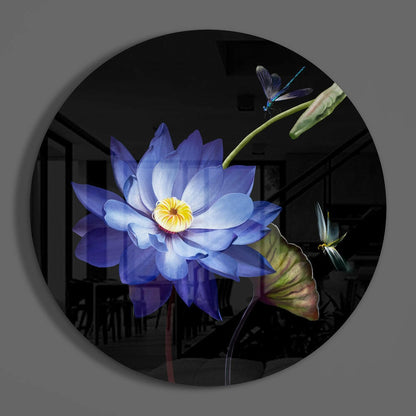 Blue Water Lily Dragonfly Glass Wall Art