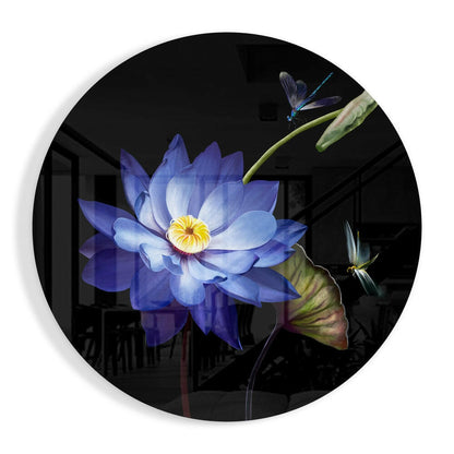 Blue Water Lily Dragonfly Glass Wall Art
