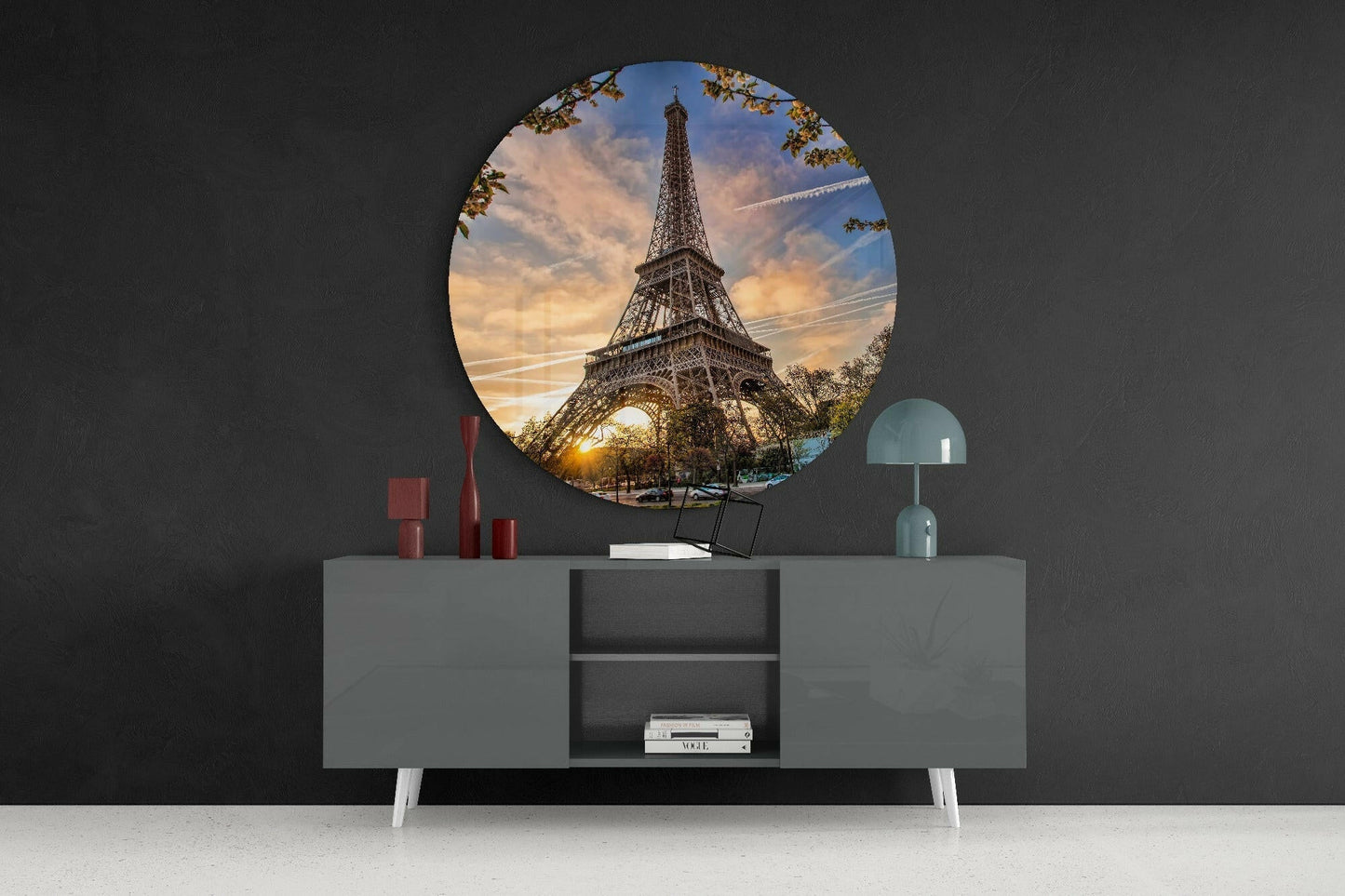 Round Eiffel Tower Sunset Glass Wall Art