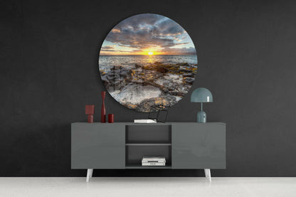 Round Sunset Over Mossy Rock Shore Glass Wall Art