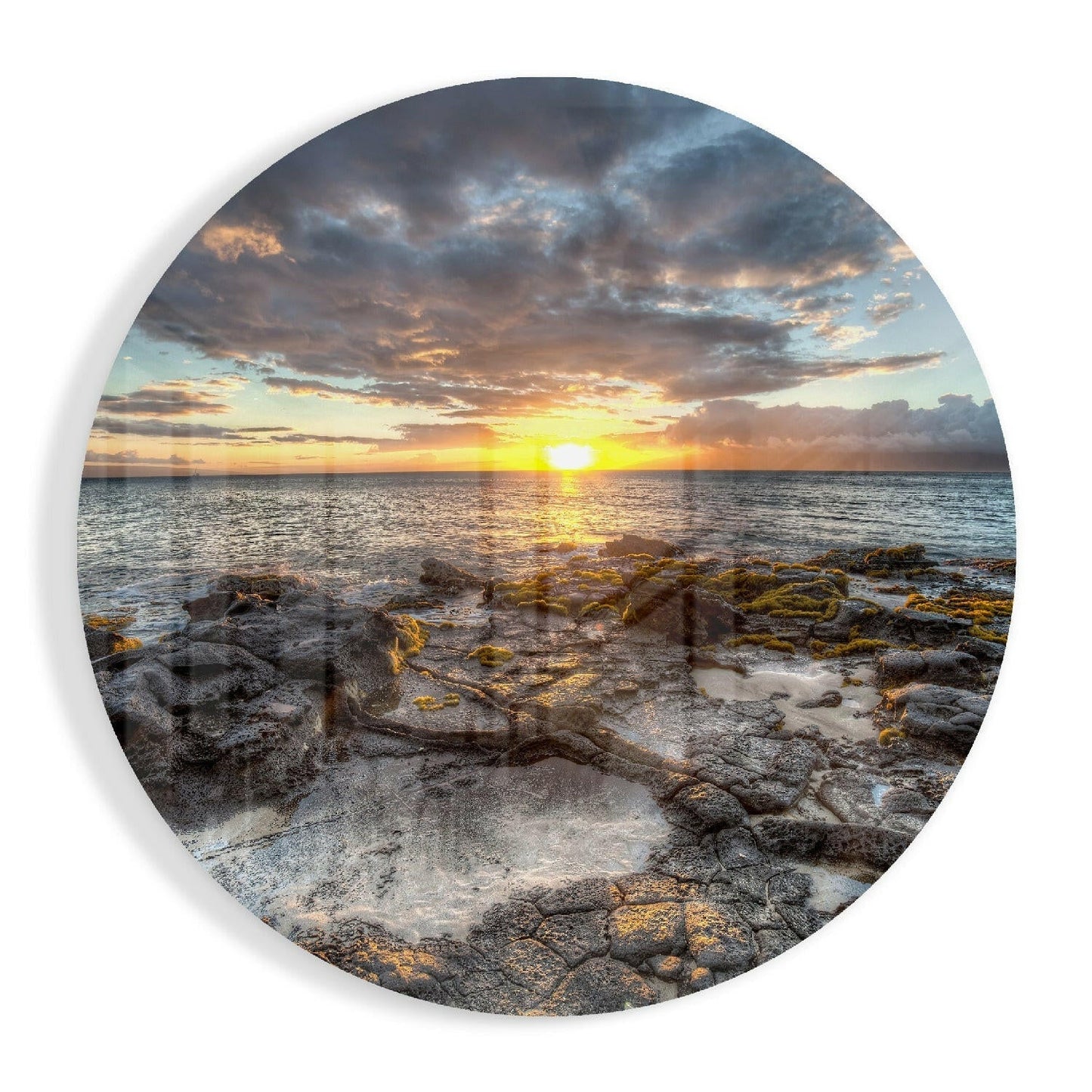 Round Sunset Over Mossy Rock Shore Glass Wall Art