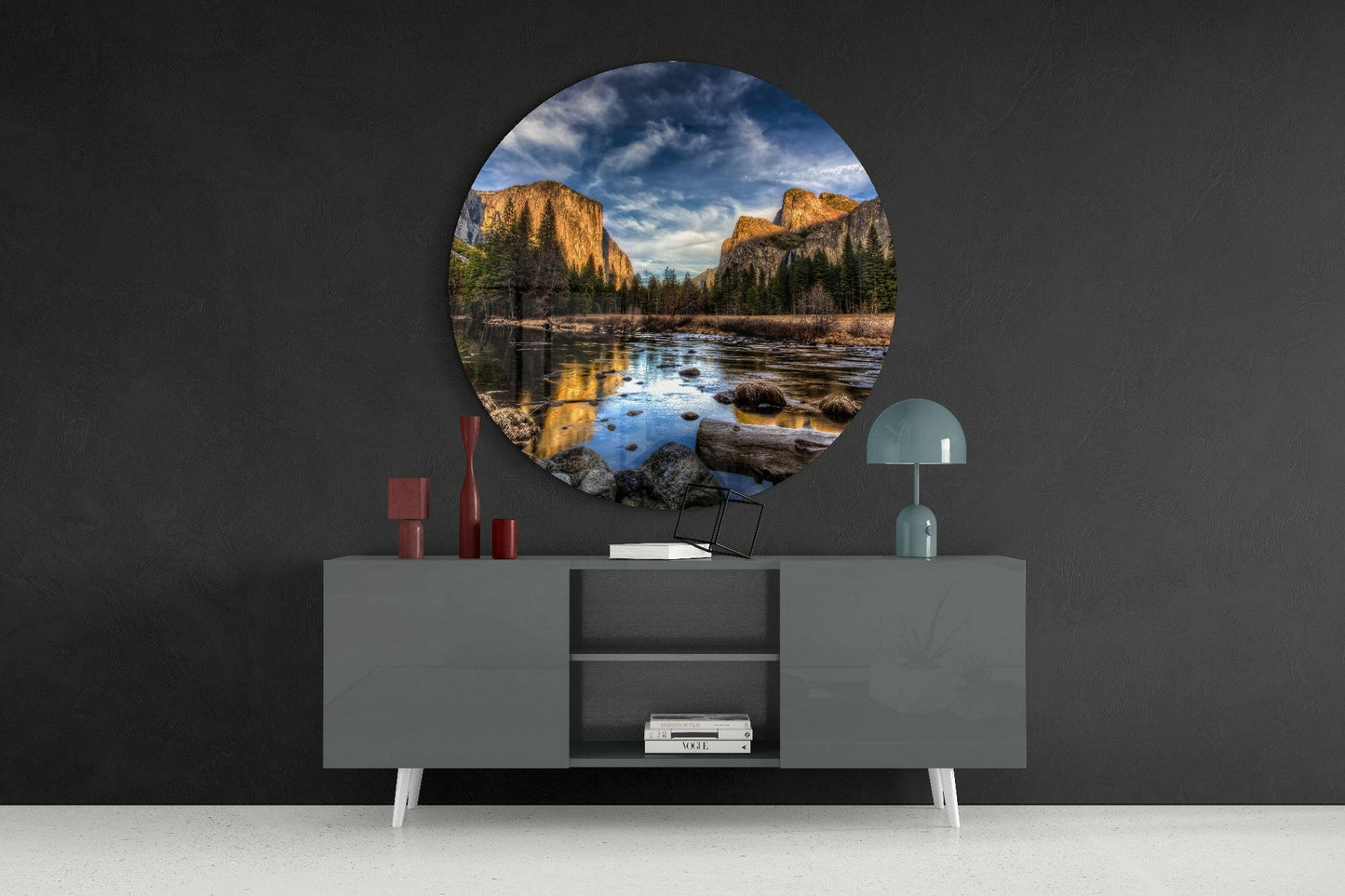 Golden Cliffs Reflected in River Valley Glass Wall Art
